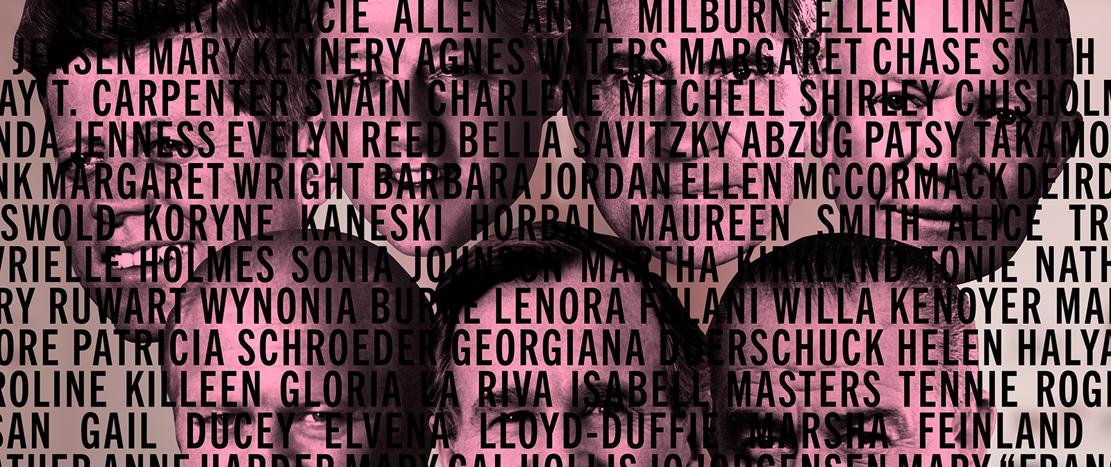 Past presidents faces in pink with black text of women's names